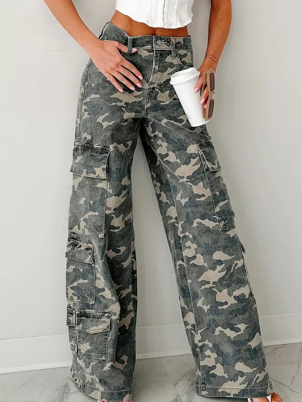 Wide Leg Camo Cargo Jeans - Green Camo